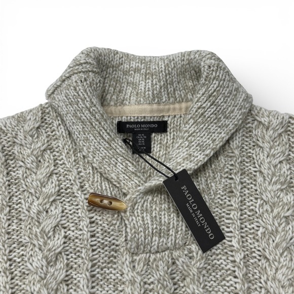 Paolo Mondo Shawl Collar Cable Knit Sweater Mens XL Italy Beige Wool Blend NWT - Picture 3 of 10